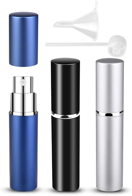 Refillable Travel Perfume Atomiser Bottles, Zingso 3 Pcs 6ml Mini Portable Spray Bottles Refillable Perfume Aftershave Atomiser Empty Travel Bottles with Funnel (Black+Silver+Dark Blue)