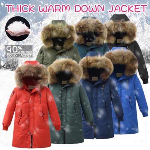 Boys Girls Long Winter Warm Puffer Down Coat Kids Faux Furry Hooded Down Jacket Outerwear (Mint Green, 7-8 Years)3