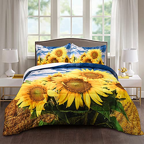 Homechoice Decor 3D Printing Botanical Sunflower Comforter Set, Twin 2 Piece Lightweight Bedding Set with Down Alternative Filling, Pastoral Style Box Stitched Quilted Duvet for Bedroom (LQ-17)