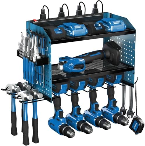 Veitorld Power Tool Organizer with Power Strip, 4 Drill Holders Tool Storage, Heavy Duty Rack for Garage Organization, Wall Mount Tool Organizer, Christmas Anniversary Birthday Gifts for Men Dad Him