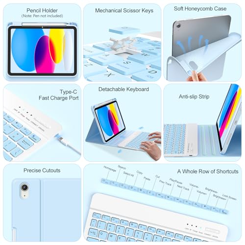 Image of COO Keyboard Case for iPad 11th A16 /10th Gen | Detachable Bluetooth Keyboard, Pencil Holder, Auto Wake /Sleep, 3 Angles, Shockproof PU TPU Cover, Blue