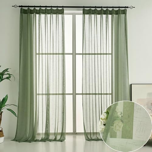 Ftinala Cortinas traslúcidas verdes de 96 pulgadas de largo, cortinas transparentes con aspecto de lino con textura fina, cortinas transparentes para privacidad, cortinas de ventana filtrantes de luz