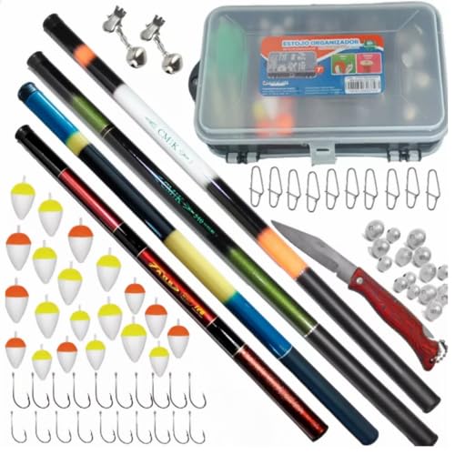Kit de Pesca com 4 Varas Telescópicas, Estojo Organizador, Anzóis, Boias, Chumbadas e Acessórios