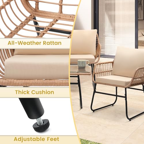 Image of Kromax 4-Piece Patio Bistro Outdoor Furniture Set, Natural /Beige | Outdoor All-Weather Wicker Furniture Chairs and Side Table Set, Ideal for Balcony, Porch and Backyard