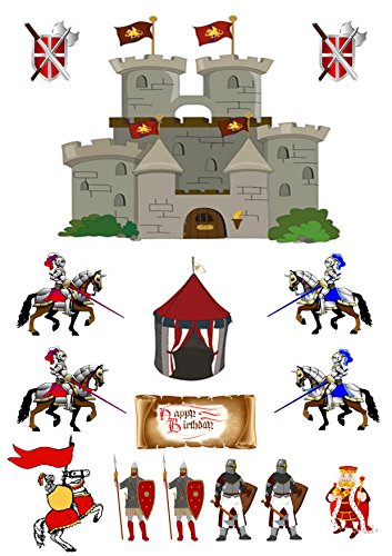 Mittelalterschloss mit Rittern aus essbarem Oblatenpapier, Kuchenaufsatz für Geburtstag, für Jungen und Mädchen – Bild 3