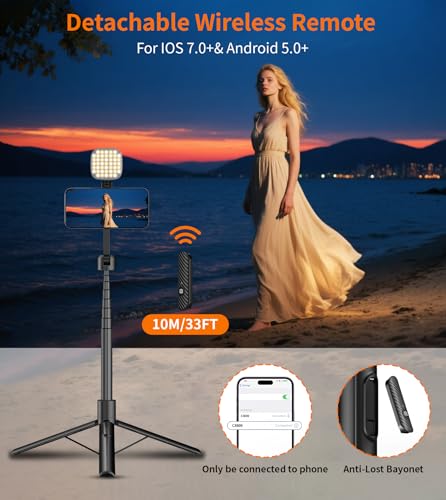 TONEOF 173cm Magnetic Selfie Stick Tripod Vlogging Kit, Phone Tripod with Magnetic Fill Light&Mini Mirror, 360° Rotation, Aluminum Drone Gimbals Mounts with Metal Ring&Remote for iPhone/Android
