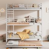 Metal Triple Bunk Bed Twin Over Twin Over Twin, Triple Bunk Bed with Trundle, 3-Tier Bunk Bed with 2 Ladders and Guardrails, Triple Bunk Beds for Kids(White Twin)