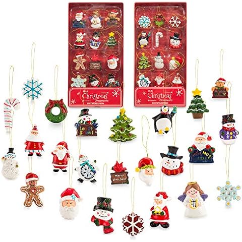 Mini Resin Christmas Ornaments Set of 24 - Rustic Christmas Decorations - Small Miniature Christmas Tree Ornaments - Santa Snowman Gingerbread Angel - Tiny Christmas Tree Decorations With Gift Box! Cover