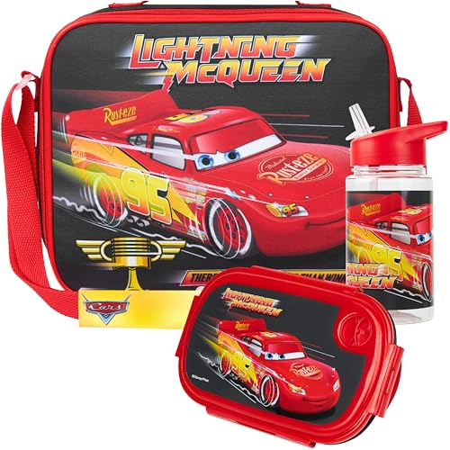 Get Trend Disney Cars Water Bottle Lunch Box Lunch Bag Kids Set 3 Pcs Lightning McQueen Insulated Snack Bag for School Gifts for Kids (Black Cars)