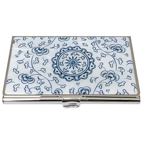 Image of Mother of Pearl Business Card Case Credit Id Name Holder Travel Wallet Art Painting Design Metal Stainless Steel Engraved Slim Purse Pocket Cash Money Wallet (Blue Arabesque)