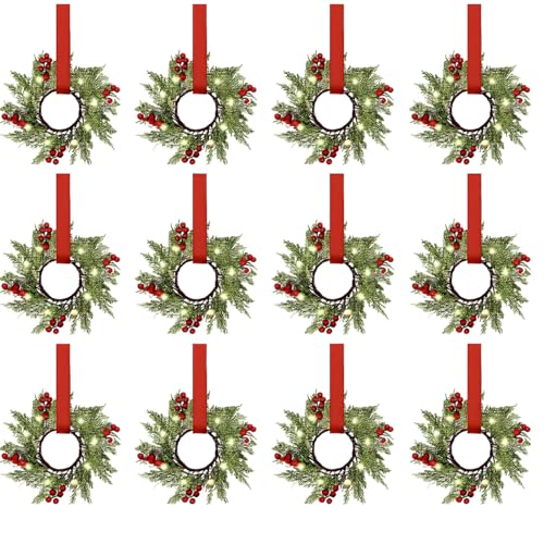 Xinnun 12 Pcs Mini Christmas Wreath for Cabinets Kitchen with LED Lights 8.66 Inch Lighted Hanging Red Small Christmas Wreaths with Berry for Kitchen Cabinet Fireplace Window Front Door Wall Decor by Xinnun - Used condition - US$40.98