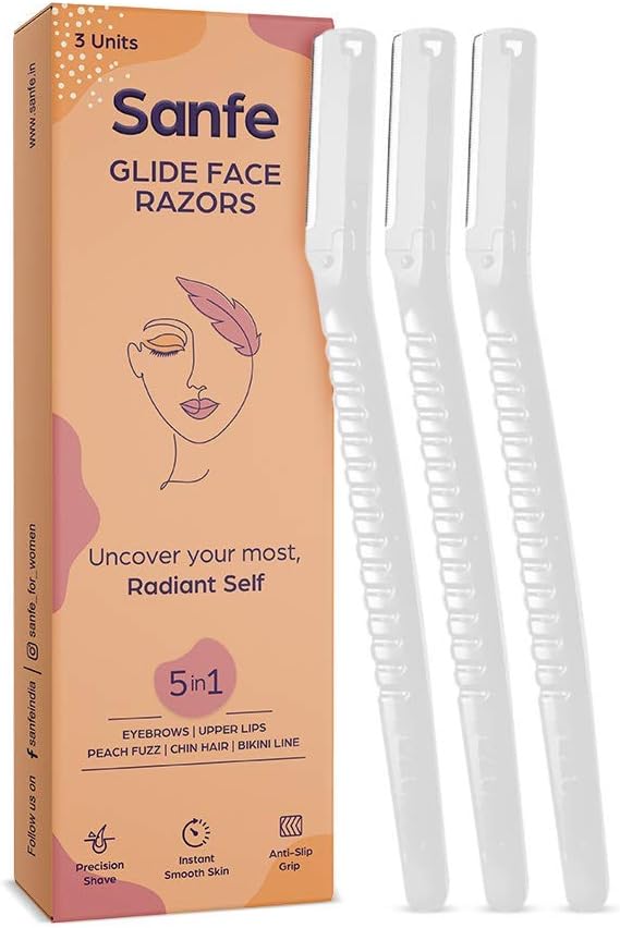 Glide Face Razor for painfree facial hair removal (3 units) - upper lips, chin, peach fuzz - Stainless steel blade, comfortable, firm grip