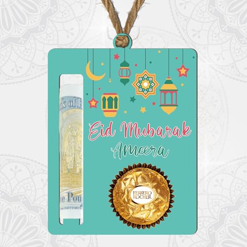 Pixies Gifts Personalised Eid Mubarak Name Money Cash Note and Chocolate Holder Plaque Custom wooden Arabic Gift for Eid Celebrations and Special Islamic Gifting Occasions (Turquoise)