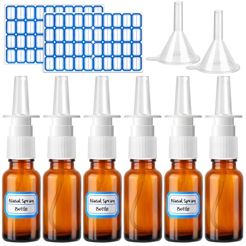 ZHWKMYP 10 Pcs Nasal Spray Bottle, 20ML-0.7OZ 6 Pcs Fine Mist Glass Empty Refillable Nasal Spray Bottle with 2 Funnels and 2 Labels