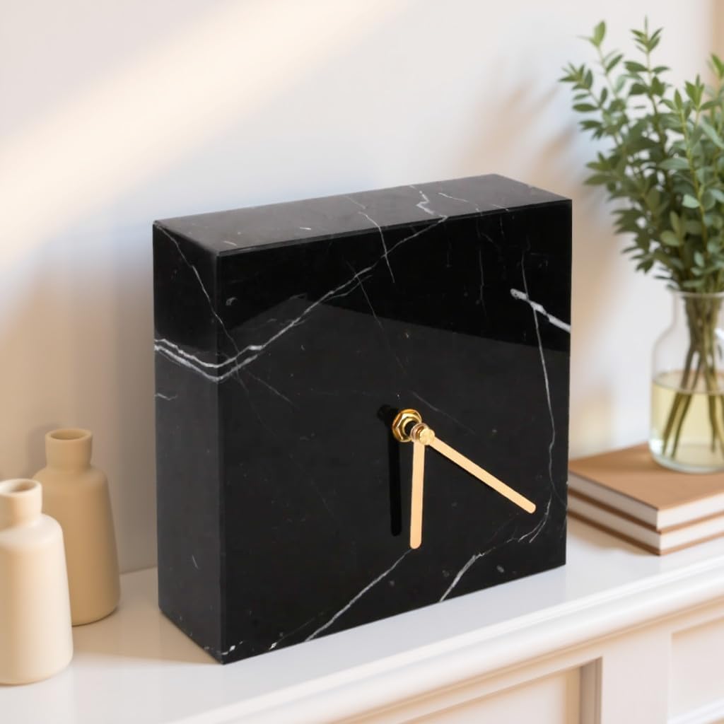 Solid Marble Modern Mantle Clock, Minimalist Clock - Sleek Marble Fireplace Decor with Unique Streaks, Square Analog Design for Decorations in Living Room and Mantel Decoration Fireplace