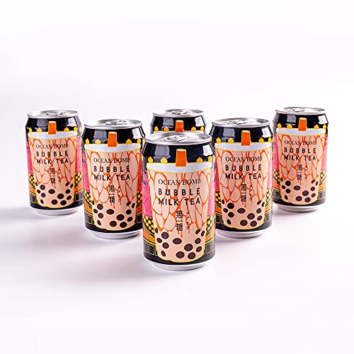 Ocean Bomb Boba Tea Tapioca Pearls, Canned Bubble Popping Milk Tea, Ready to Drink in a Can (Black Sugar, 6 Pack)