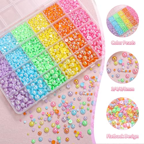 Image of 9000Pcs Flatback Pearls for Crafting, Pink Yellow Half Nail Pearls and Gems, 3-8mm Green Blue Purple Color Half Round ABS Flatback Pearl Gems Bedazzling for Nails Art Crafts Shoes Clothes Bags