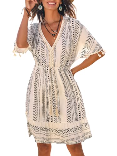 Image of CUPSHE Women Tassel Trim Summer Dress V Neck Lace Short Sleeve Paisley Boho Casual Sundress Holiday Beach Mini Dress