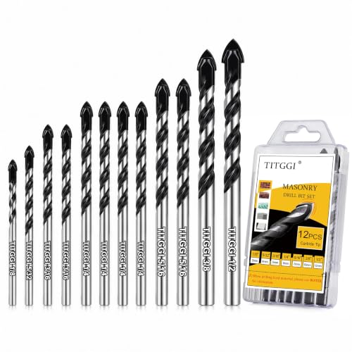 Image of 12-Piece Masonry Drill Bit Set & Concrete Drill Bit Set, 7 Sizes, 1 /8 inch-1 /2 inch | Carbide Drill Bits for Tile, Ceramic, Glass, Cement & Brick, Bath & Kitchen, Dual U-Groove, 3-Flat Shank, Standard Drill Fit