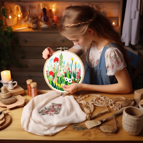 Image of Bonroy Embroidery Kit for Beginners with Instructions,Cross Stitch Kits for Adults with Pattern,Needlepoint Kits for Adult Include Embroidery Cloth Hoops Needles Threads (flowers5)