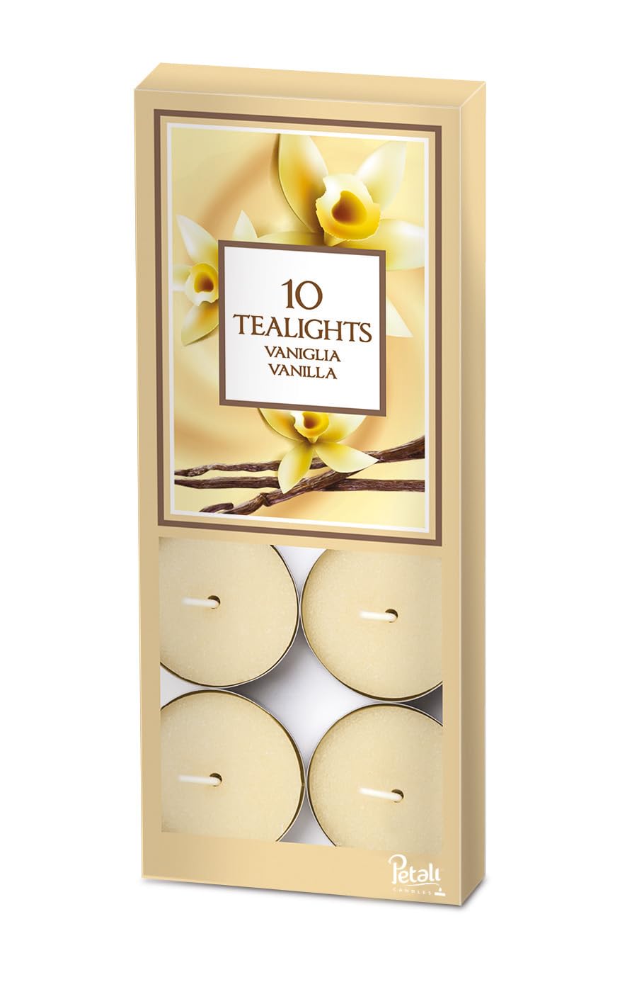 Price's Candles Aladino Vanilla Scented Tea Lights 10 Pack Long Burning Warm Sweet Vanilla Wax Tealights Glass Home Decor Ambient Fragrance Candle Set