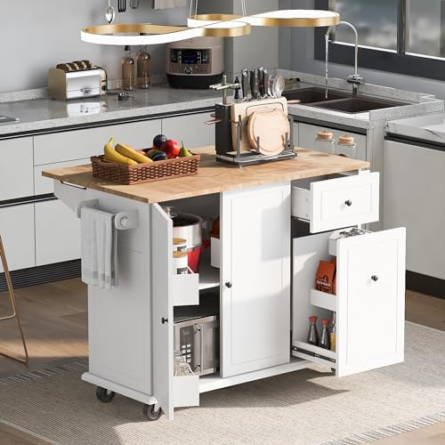 Kitchen-Island-with-Drop-Leaf-Storage-Rack-539-Width-Rolling-Kitchen-Cart-on-Wheels-WInternal-Storage-Rack-and-3-Tier-Pull-Out-CabinetSpice-Rack-for-Dining-RoomHome-BarWhite Kitchen Island with Drop Leaf Storage Rack 539 Width Rolling Kitchen Cart on Wheels WInternal Storage Rack and 3 Tier Pull Out CabinetSpice Rack for Dining RoomHome BarWhite