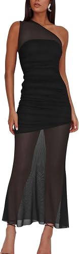 GOBLES Women's One Shoulder Sleeveless Bodycon Dress Black
