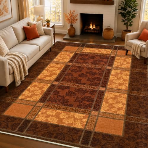 AtawLege Fall Area Rug 5x7 for Living Room, Plaid Washable Rugs Orange