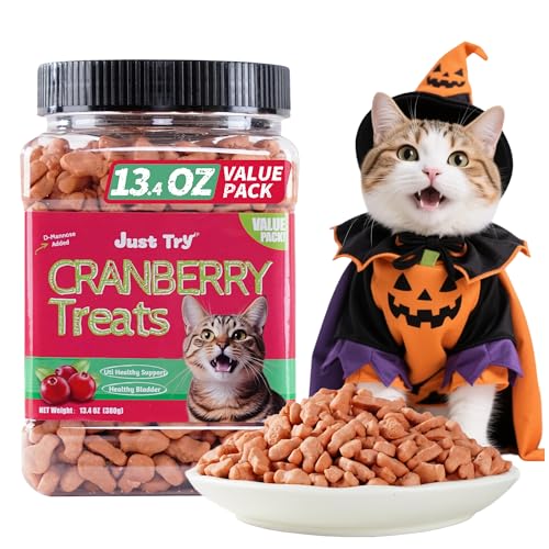 Just Try 13.4 OZ Urinary Tract Cat Treats for Indoor Cats Health Supplement Cranberry & D-Mannose for Kidney Bladder UT Support Salmon Flavor Crunchy Chews Cat Loves