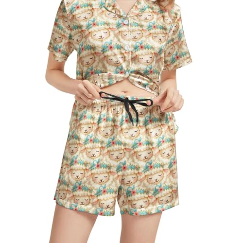 Image of Silk Satin Pajama Set for Women Summer Lounge Pjs Sets 2 Piece Suit Ladies Button Down Tops And Shorts Sleepwear