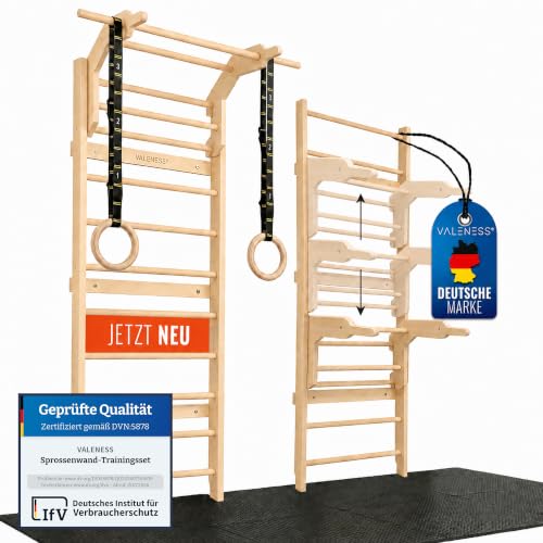 VALENESS® Holz-Sprossenwand mit Klimmzugstange, Dip-Station und Turnringen