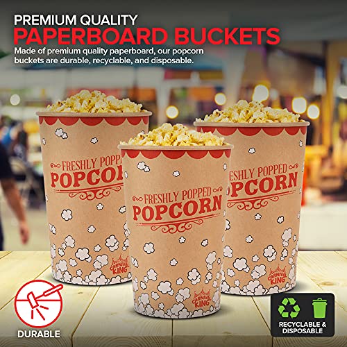 Image of Stock Your Home 64 Oz Kraft Popcorn Buckets (25 Pack) - Grease Resistant Retro Style Popcorn Container- Vintage Kraft & Red Popcorn Buckets for Take Out, Movie Night, Theaters, Fair, Concessions