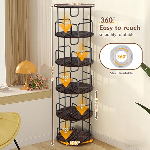 5 Tier Rotating Bookshelf Tower, Spinning Bookcase & Revolving 360° Narrow Tall Book Shelf with MDF Shelves & Metal, Smooth Turntable Base Small Space Vertical Storage for Living Room Bedroom, Brown - Image 2