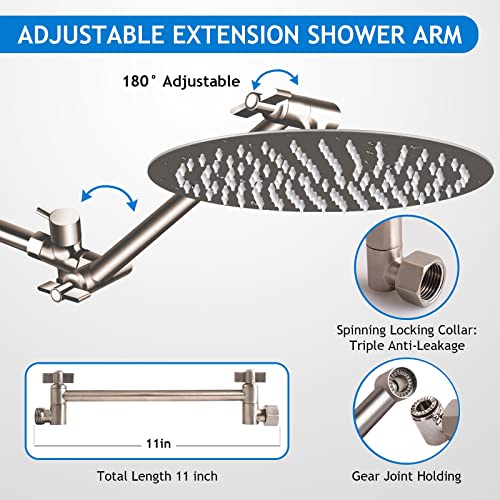 Shower Head Combo(Brushed Nickel),10 Inch High Pressure Round Rain Shower Head With 11 Inch Adjustable Extension Arm And 5 Setting Handheld Shower Head,Powerful Shower Spray Against Low Pressure Water #TOP4