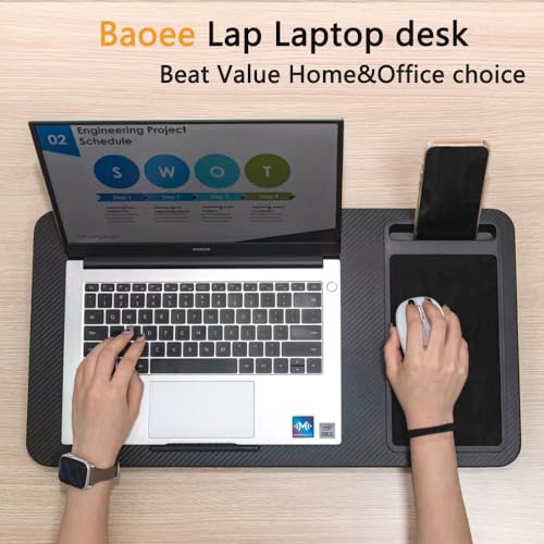 Baoee Schoßschreibtisch, tragbarer Laptop-Schreibtisch mit Kissen-Kissen, passend für Laptops bis zu 17 Zoll, mit Tablet- und Handyschlitz, Mauspad, ideal für Zuhause und Büro (Schwarz, Groß)
