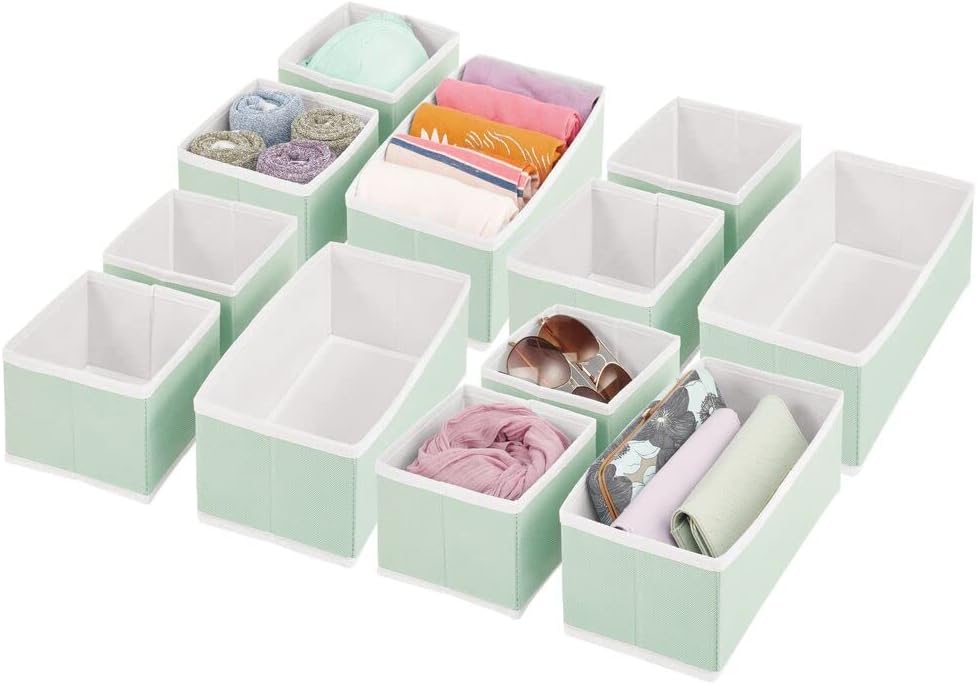 mDesign Fabric Dresser Drawer and Closet Storage Organizer Bin for Bedroom - Holds Lingerie, Bras, Socks, Leggings, Clothes, Purses, Scarves, Jane Collection, Set of 3, 4 Pack, Mint Green/White