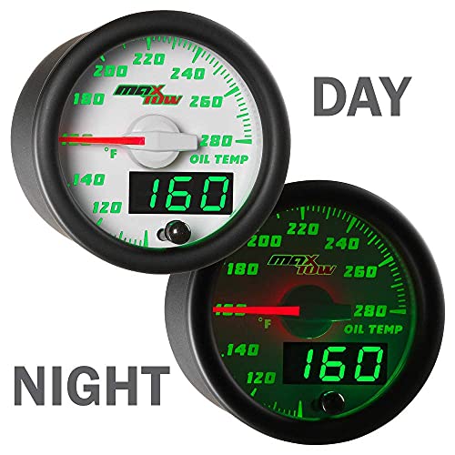 Maxtow Double Vision 280 F Oil Temperature Gauge Kit - Includes Electronic Sensor - White Gauge Face - Green Led Illuminated Dial - Analog & Digital Readouts - For Trucks - 2-1/16" 52Mm #TOP4