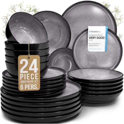 Image of 24 Piece Stoneware Dinnerware Set for 6, Handmade Plates and Bowls Set | Reactive Glaze Coating, Dishwasher & Microwave Safe Dish Set, Chip & Scratch Resistant Dishware Set, Ibiza Dark Gray