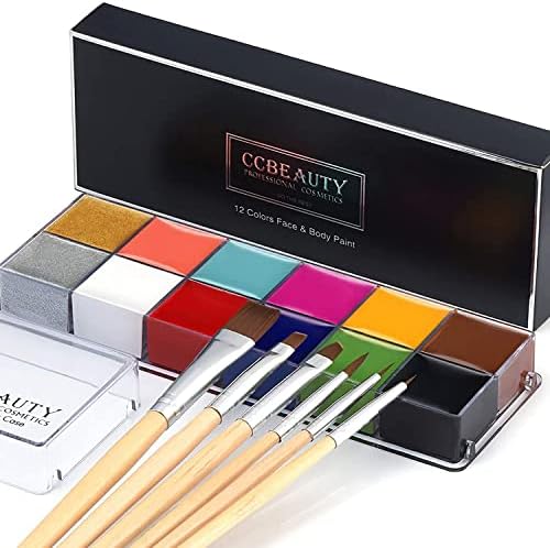 CCbeauty Professional 12 Colors Face Body Paint Kit Oil Non Toxic High Pigment Cream Painting Palette for Kit Halloween Costume Fancy SFX Cosplay Stage Makeup Set with 10 Wooden Premium Brushes, Deep