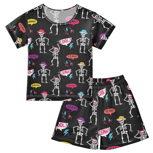 CHIFIGNO Dancing Skeletons Black Summer Pajama Set, Short Sleeve Cozy Jammies with Pocket, Ages 5