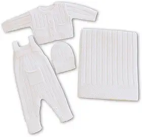 Saída Maternidade 4 Pçs Em Tricot Macacão Manta Touca Casaquinho Bolsinho Menino e Menina