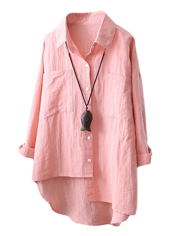 Women's Linen Shirt Blouse Casual Button-Down Hi-low Tunic Tops
