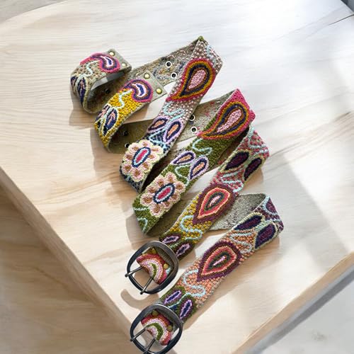 Hand Embroidered Peruvian Wool Belt, Flower Belt, Statement Belt - Bohemian Mosaic Tan Base2