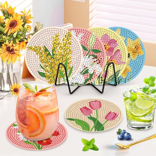 NAIMOER 8 Stück Blumen Diamond Painting Untersetzer mit Halter, DIY Landschaft Diamant Tassenuntersetzer, Diamant Painting Untersetzer für Erwachsene Kinder, Getränke Basteln Coasters