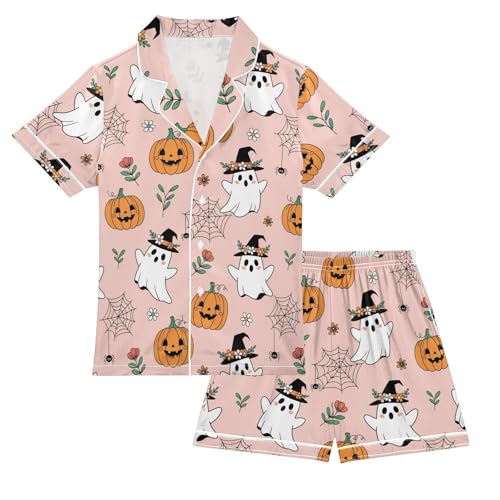 Satin Pajama Sets Short Sleeve Halloween Ghosts Pumpkins Spiders Button Down Silky Nightwear 2 Piece PJS 5-14Y