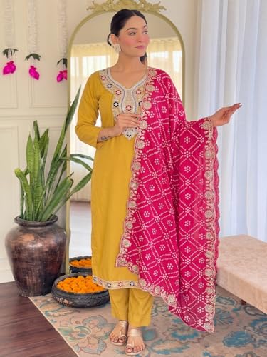 Image of Women Fabulous Mustard Kurta Ensemble with Bandhani Embroidered Dupatta Festive Ethnic Set