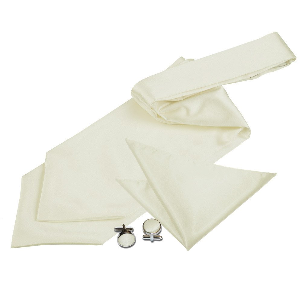 Dqt Men's Ivory - Self-Tied Plain Satin Cravat Ascot Tie & Pocket Square Set With Cufflinks – Wedding Business & Formal - Ivory (Self-Tied)