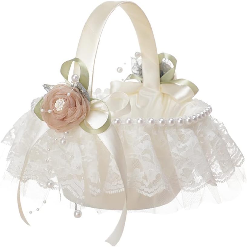Basket Flower Girl Wedding Basketslace Small Satin Pearl Cute Bowknot Party Rhinestone