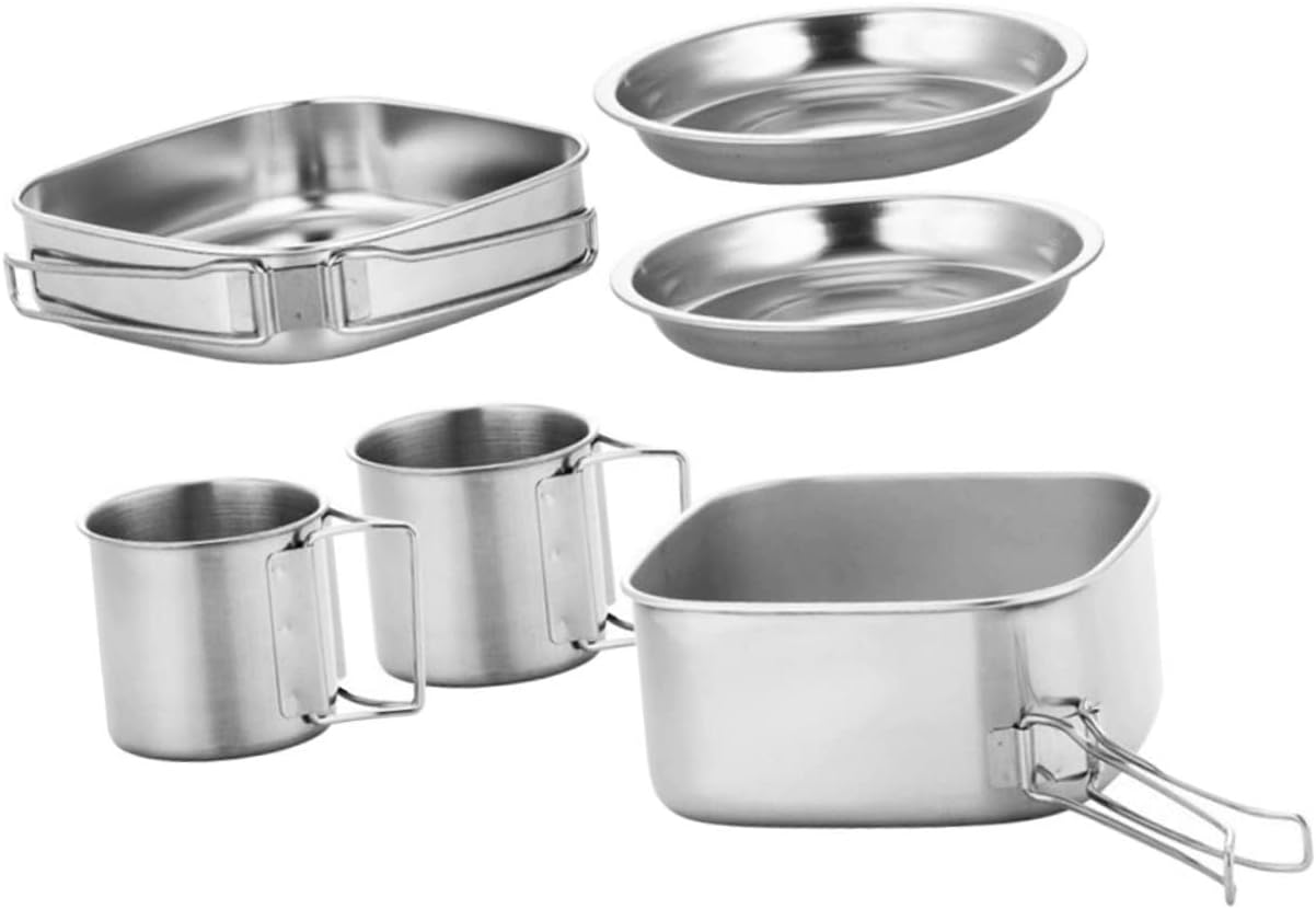 Stainless Steel Camping Cookware Set Portable Cooking Pot and Frying Pan Kit with Plates and Cups for Outdoor Cooking Hiking and BBQ Activities