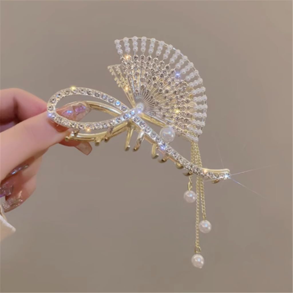 Super fairy fan tassel grab clip female back of full diamond hair classical shark headwear